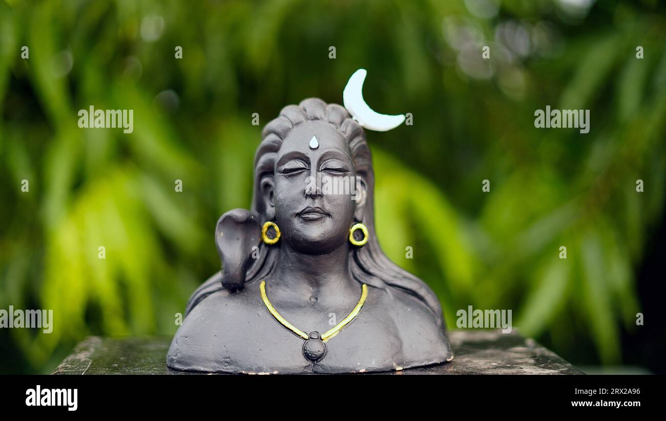 Lord Ganesha, Adiyogi e maa Durga Idol o statua isolata sullo sfondo delle foglie verdi. Concetto di festival indiano. Foto Stock