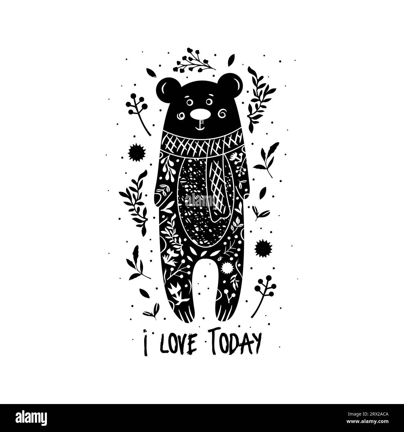 Porta carte con te Orso, elementi floreali bianchi. Simpatico personaggio dei cartoni animati. Stile Linocut. Illustrazione Vettoriale