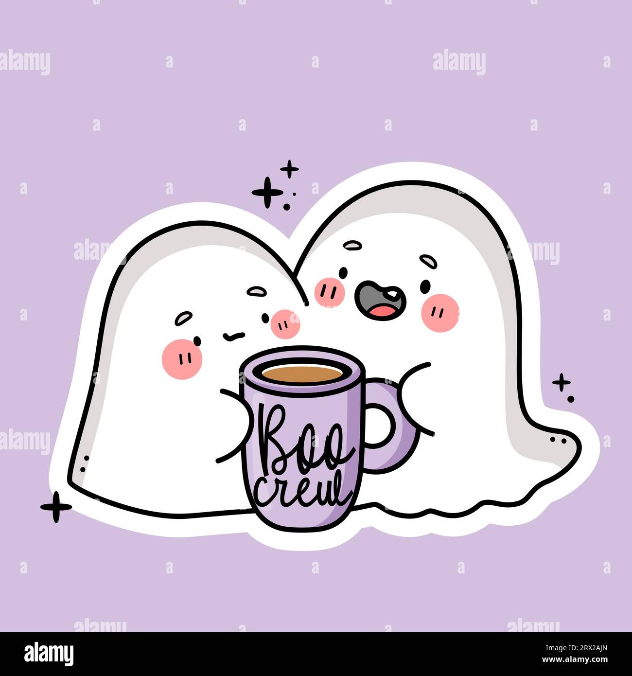 Carini fantasmi kawaii con tazza da caffè. Boo Crew quote. Illustrazione vettoriale. Illustrazione Vettoriale