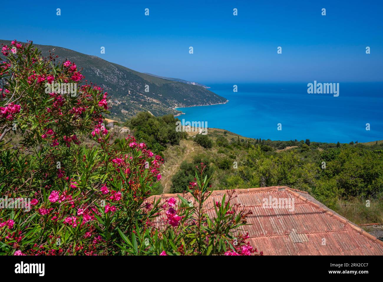 Vista delle case che si affacciano sulla costa, sul mare e sulle colline vicino ad Agkonas, Cefalonia, Isole Ionie, Isole greche, Grecia, Europa Foto Stock