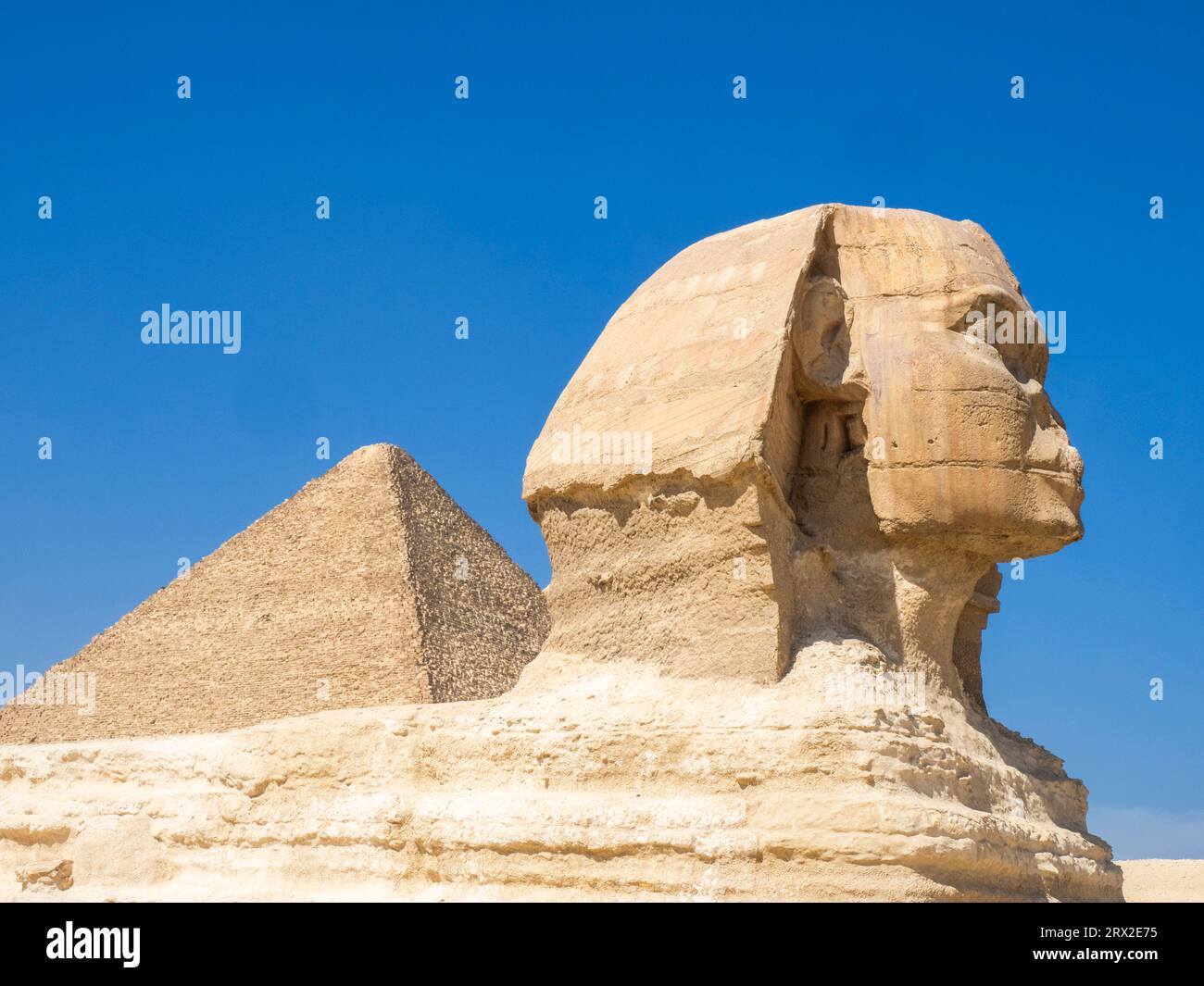 La grande Sfinge di Giza vicino alla grande Piramide di Giza, la più antica delle sette meraviglie del mondo, Giza, vicino al Cairo, Egitto Africa Foto Stock