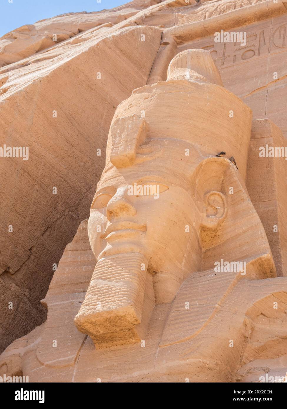 Dettaglio del grande Tempio di Abu Simbel con le sue statue colossali sedute, alte 20 metri, di Ramses II (Ramses il grande), Abu Simbel, Egitto Foto Stock