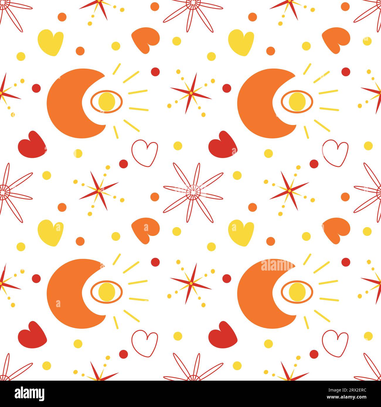 Motivo senza cuciture per gli occhi. Simboli astrologici stelle, luna, sole. Illustrazione vettoriale. Progettazione di tessuti, imballaggi e altri disegni. Illustrazione Vettoriale