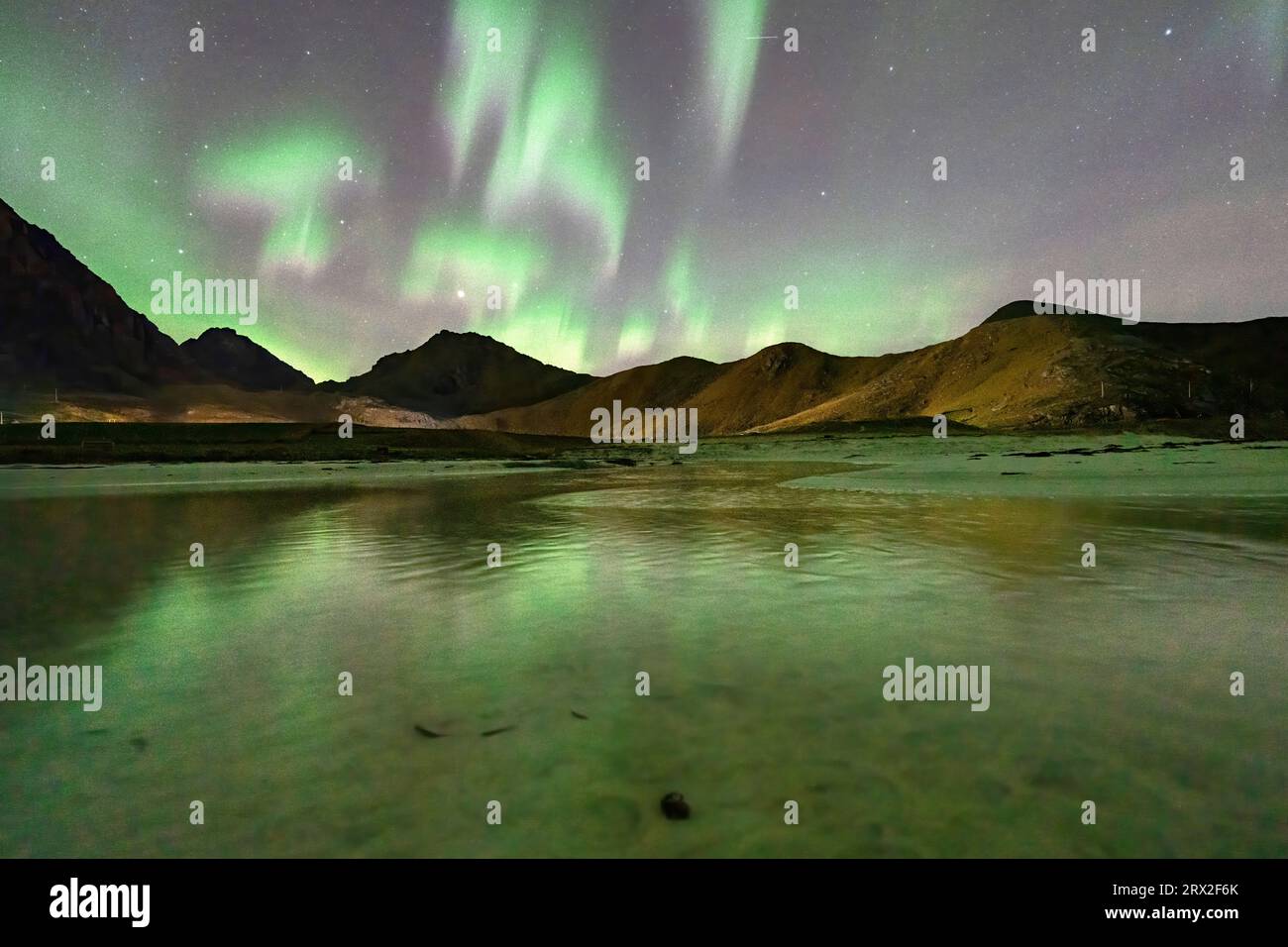 Le luci verdi dell'aurora boreale si riflettono nel mare ghiacciato della spiaggia di Haukland, delle isole Lofoten, del Nordland, della Norvegia, della Scandinavia Foto Stock