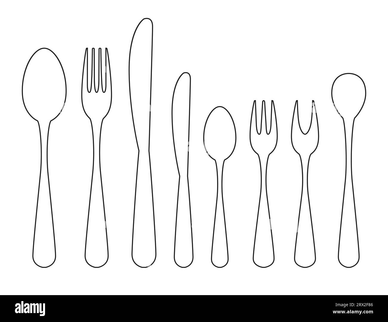 Forchetta per posate, cucchiaino di solito coltello da pranzo. Vector Illustration Collection dispositivi per mangiare in stile piatto per i vostri progetti nel campo della nutritio Illustrazione Vettoriale