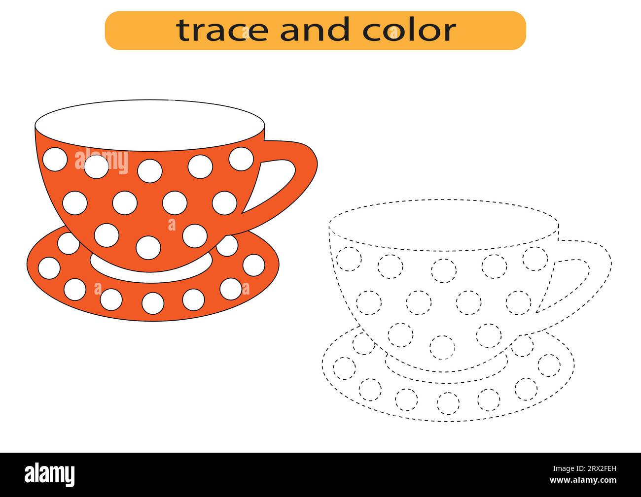 Linee di tracciamento per lo sviluppo dei bambini, stoviglie con tazza luminosa, pratica di calligrafia per i bambini, vettore Illustrazione Vettoriale