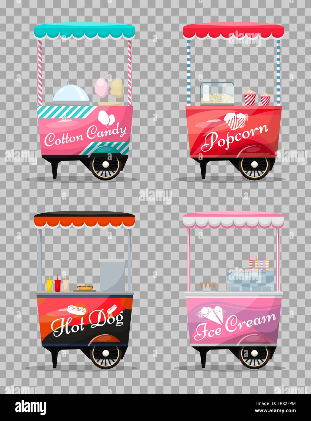 Carrelli set retail, popcorn, caramelle di cotone, hot dog, chiosco gelato su ruote, dolci e pasticceria, isolato e piatto stile vettore illustrazione. Il Illustrazione Vettoriale