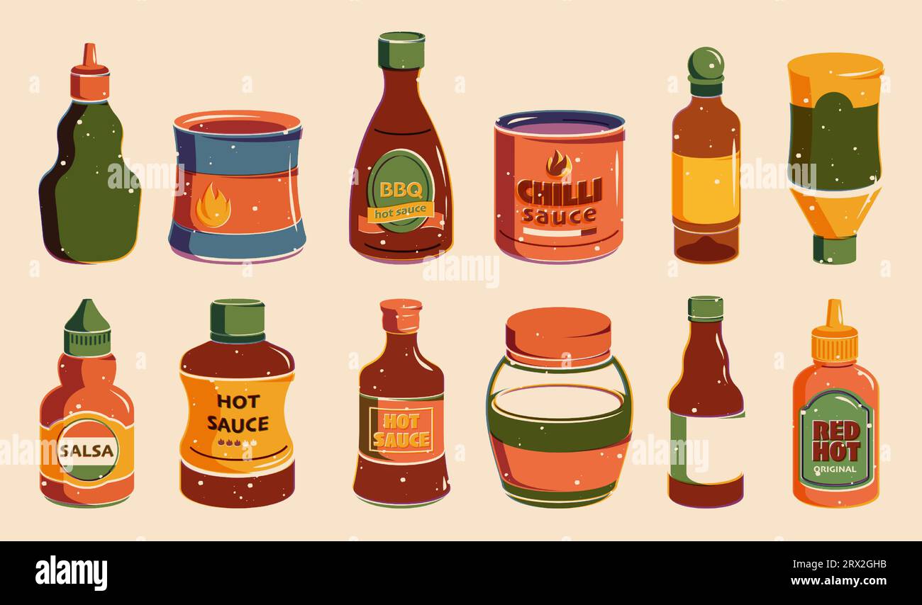 Bottiglie di salsa. Bottiglie di ketchup, mostarda e maionese con tappi ed etichette per il design di imballaggi per ristoranti e fast food. Insieme di vettori. Red Hot, peperoncino, bbq e salsa Illustrazione Vettoriale