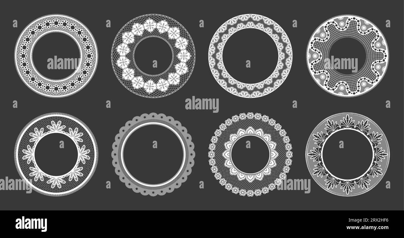Lace Doily. Rete da ricamo decorativa fatta a mano, elementi da ricamo boho floreali vintage per scrapbooking e decorazioni nuziali. Raccolta vettoriale. Decorazioni romantiche classiche di forma rotonda Illustrazione Vettoriale