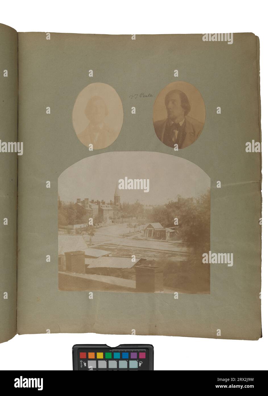 Fotografie di Tiziano Ramsay Peale, CA 1860, ritratti di Francis Tiziano Peale e vista della città con campanile e negozio. PG.66.25.02, PG.66.25.03, PG.66.25.04. Foto Stock