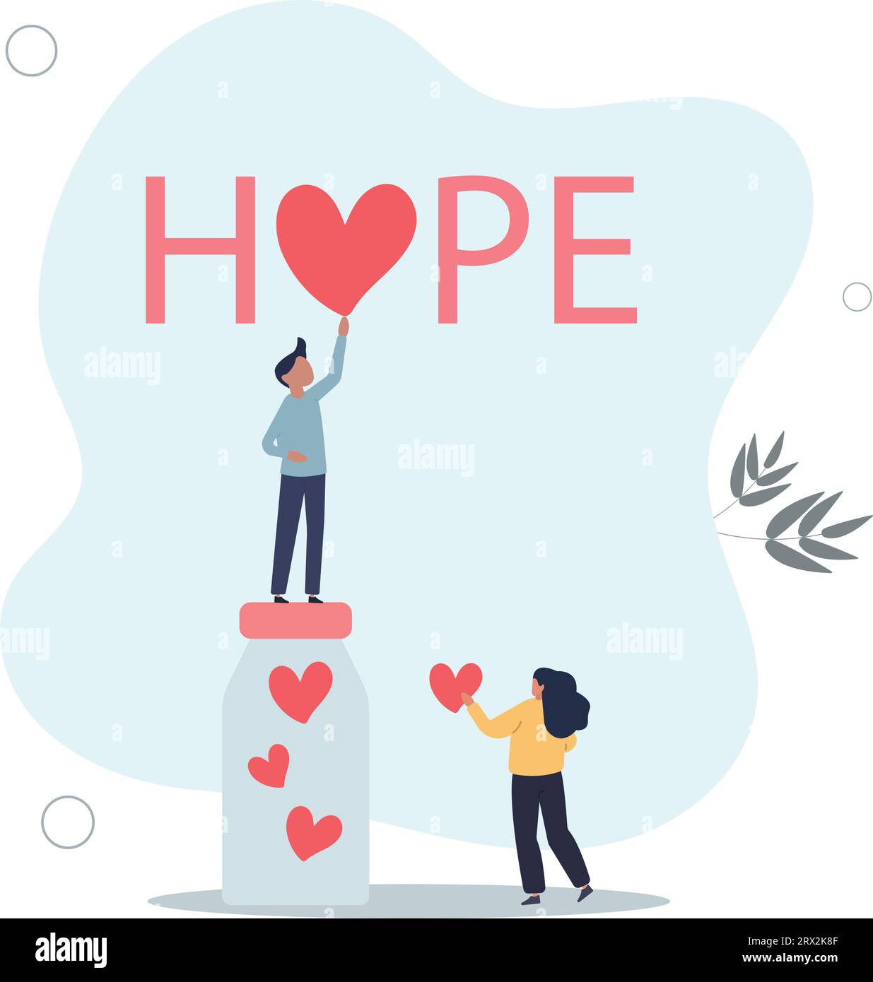 Cartoni animati piccole persone con il cuore da lanciare in un vaso di vetro da donazione vicino alla parola Hope.illustrazione vettoriale piatta Illustrazione Vettoriale