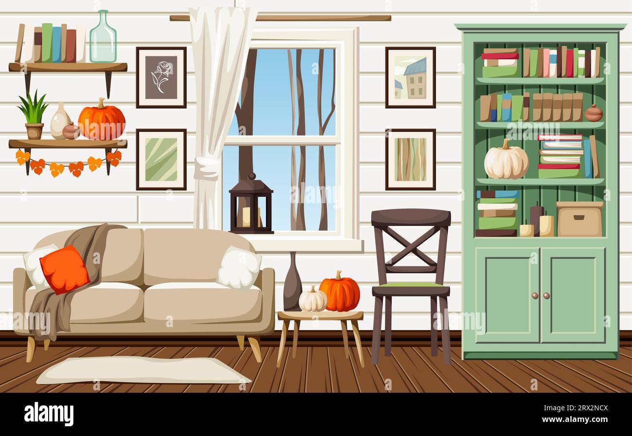 Design interno del soggiorno con decorazioni autunnali. Interni scandinavi con libreria verde e divano beige. Illustrazione vettoriale dei cartoni animati Illustrazione Vettoriale