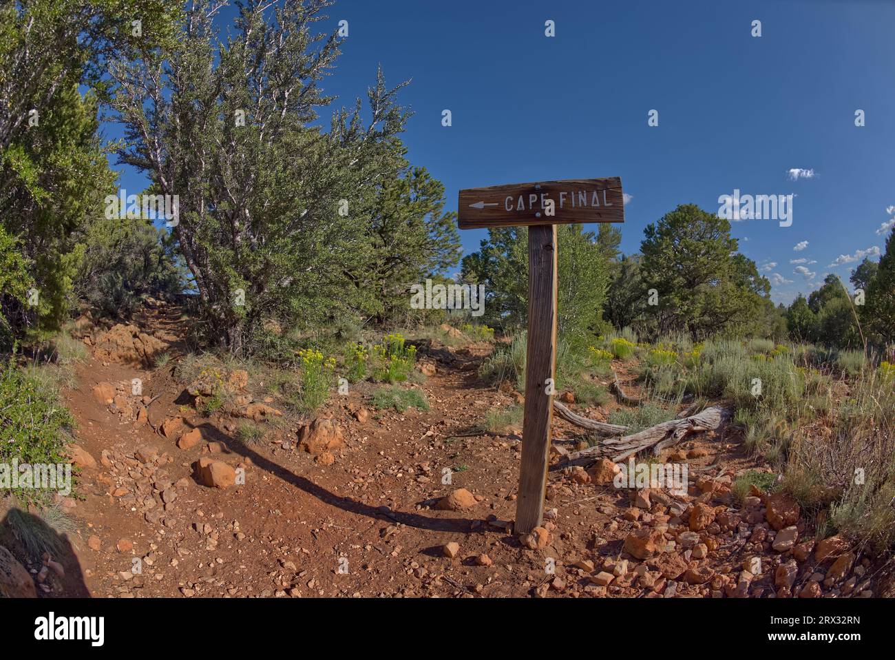 Un cartello apposto dal Park Service indica la strada per Cape Final sul versante nord del Grand Canyon, Arizona, Stati Uniti d'America, Nord America Foto Stock