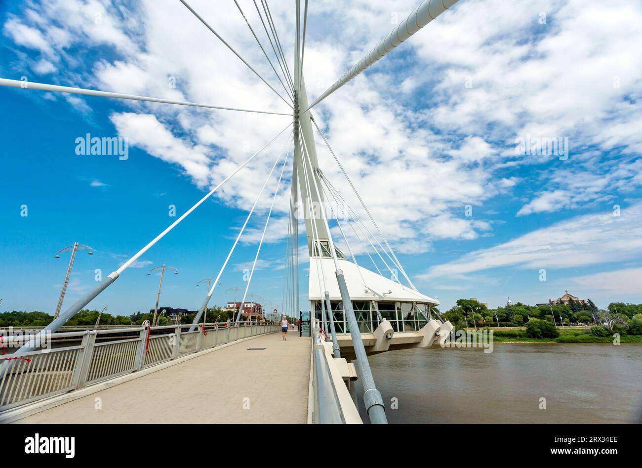 L'Esplanade Riel ha sospeso la passerella pedonale sul fiume Rosso, collegando il centro di Winnipeg a St Distretto di Boniface, Winnipeg Foto Stock