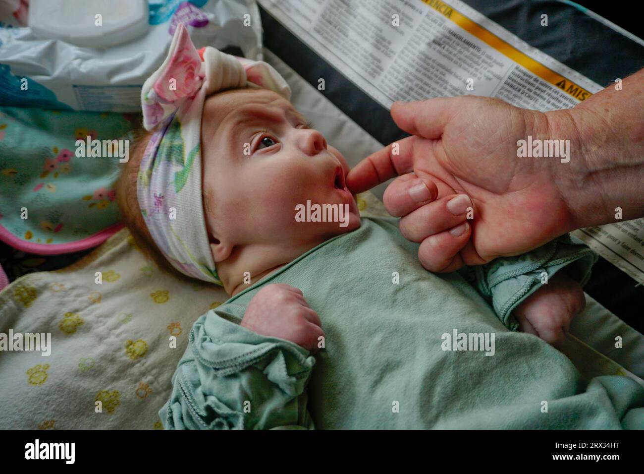 Bambino di 2 settimane che esibita una Reflex radente quando il viso è stroked. Foto Stock