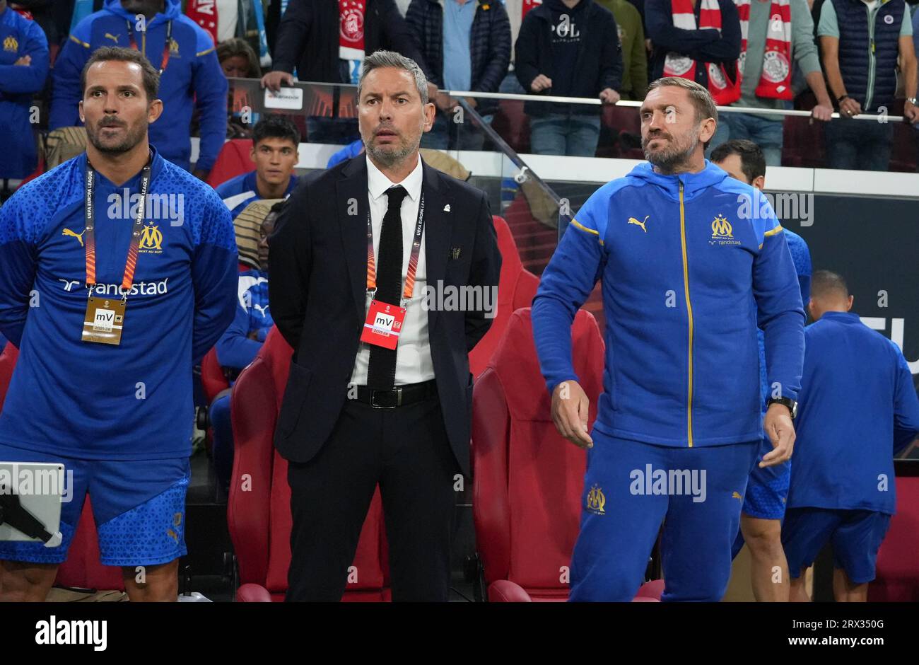 Allenatore Jacques Abardonado dell'Olympique Marsiglia durante la partita di calcio di UEFA League Europa tra l'Ajax Amsterdam e l'Olympique Marsiglia il 21 settembre 2023 allo stadio Amsterdam Arena di Amsterdam, Paesi Bassi - foto Laurent Lairys / DPPI Foto Stock