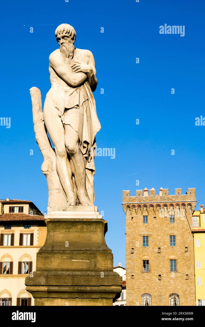 Statua di inverno il Ponte a Santa Trinita, Firenze (Firenze), il Sito Patrimonio Mondiale dell'UNESCO, Toscana, Italia, Europa Foto Stock