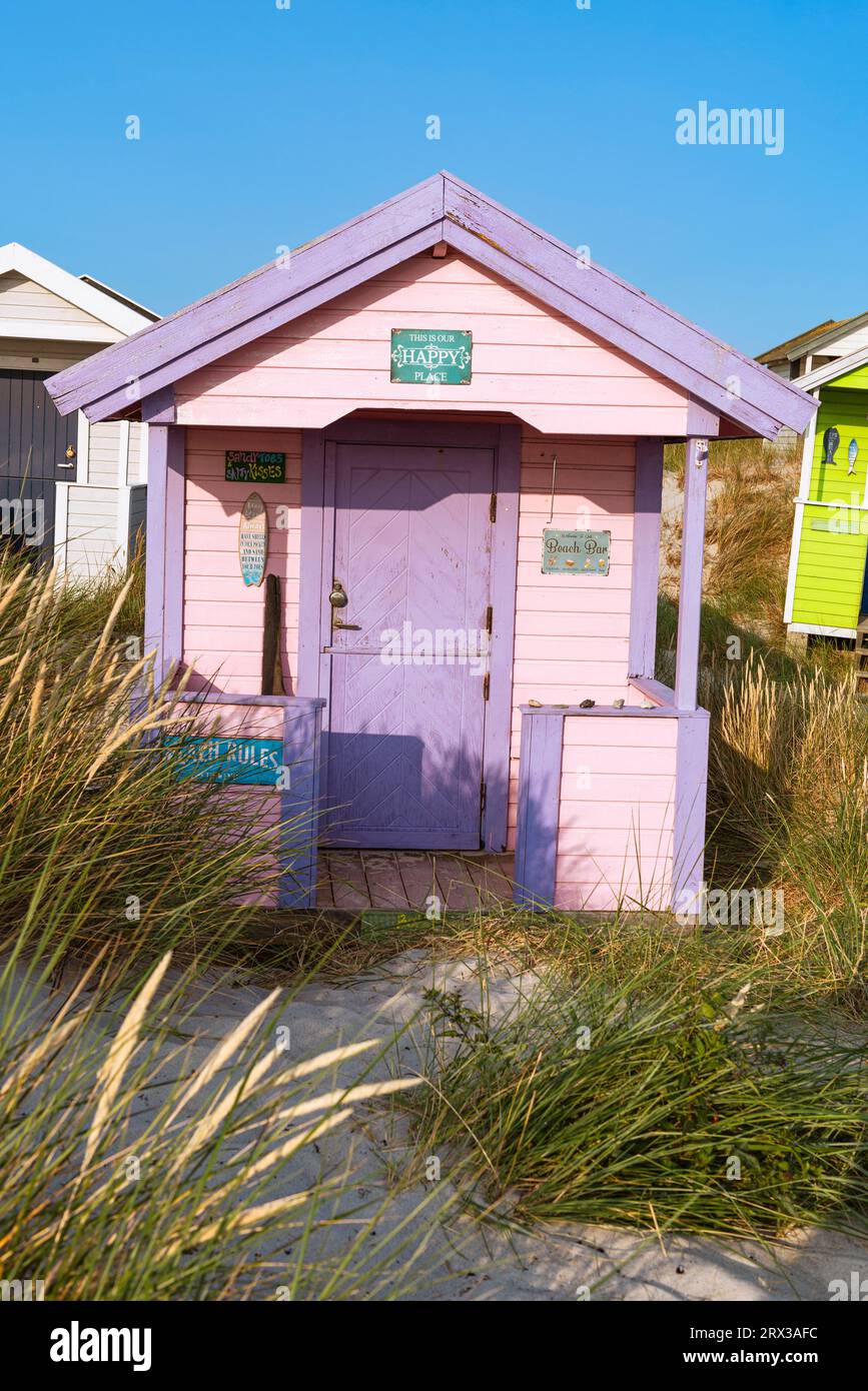 Vista frontale del fronte in legno di una baita rosa sulla spiaggia di Skanör med Falsterbo al Öresund al sole serale di Skåne, Svezia Foto Stock