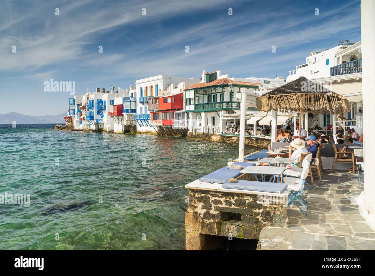 Little Venice sull'isola di Mykonos in Grecia Foto Stock