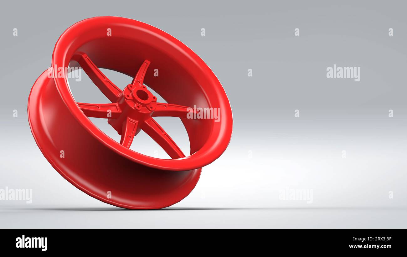 Cerchione ruota rosso. Parte automobilistica. rendering 3d. Isolato su sfondo bianco Foto Stock