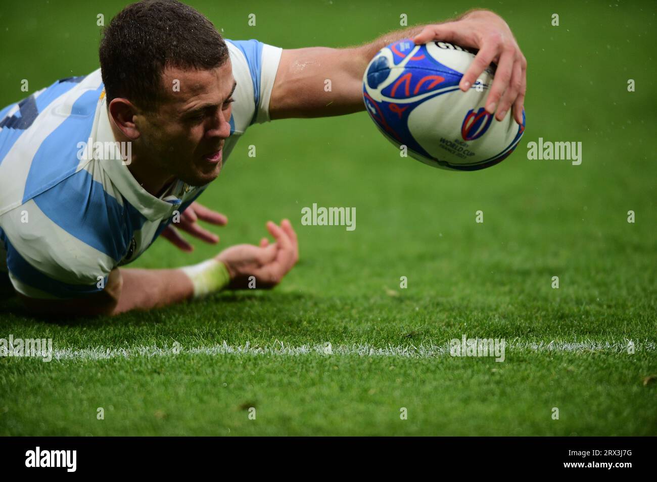 Saint-Etienne, Francia. 22 settembre 2023. Coppa del mondo di rugby Francia 2023, Emiliano Beffelli segna la prima meta per Los Pumas. Argentina contro Samoa in Francia, Saint-Etienne allo Stade Geoffroy-Guichard. (Immagine di credito: © Maximiliano Aceiton/ZUMA Press Wire) SOLO USO EDITORIALE! Non per USO commerciale! Foto Stock