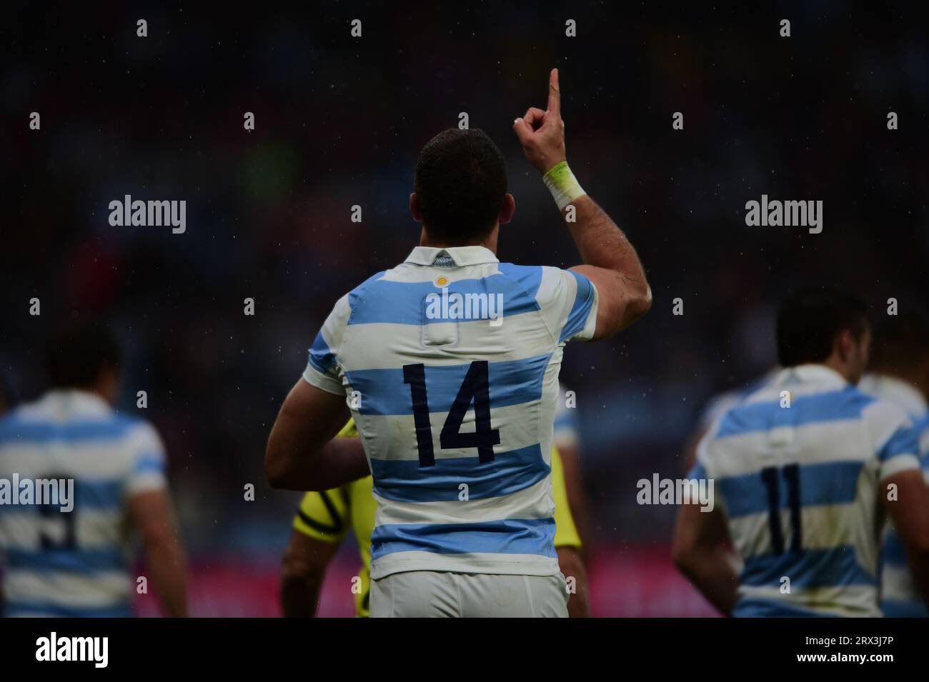 Saint-Etienne, Francia. 22 settembre 2023. Coppa del mondo di rugby Francia 2023, Emiliano Boffelli festeggia la sua meta contro Samoa, Argentina contro Samoa in Francia, Saint-Etienne allo Stade Geoffroy-Guichard. (Immagine di credito: © Maximiliano Aceiton/ZUMA Press Wire) SOLO USO EDITORIALE! Non per USO commerciale! Foto Stock