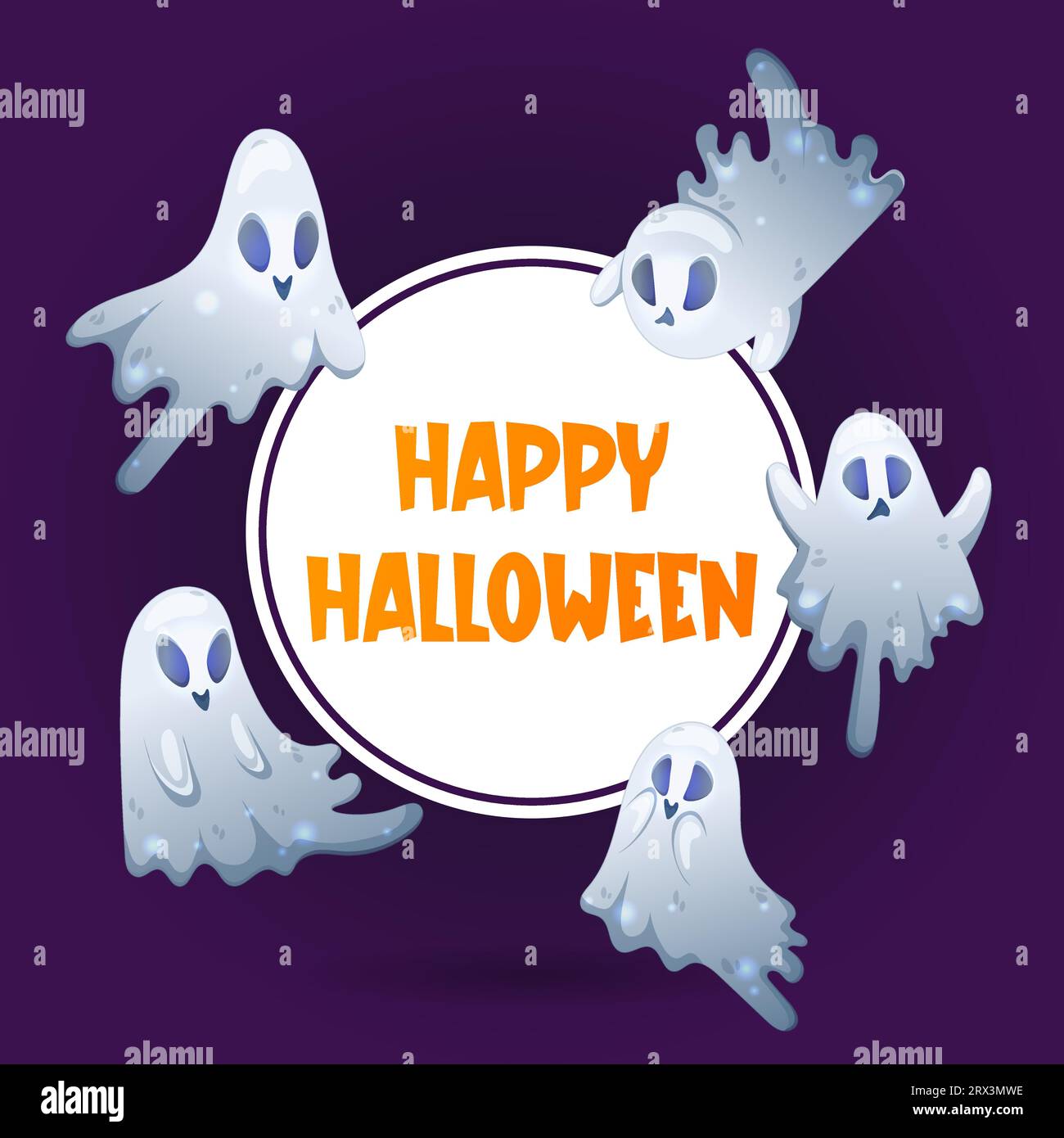 Buon poster di Halloween con fantasmi carini su sfondo scuro. Trick o dolcetto. Forma quadrata. Illustrazione vettoriale colorata in stile cartone animato. Illustrazione Vettoriale
