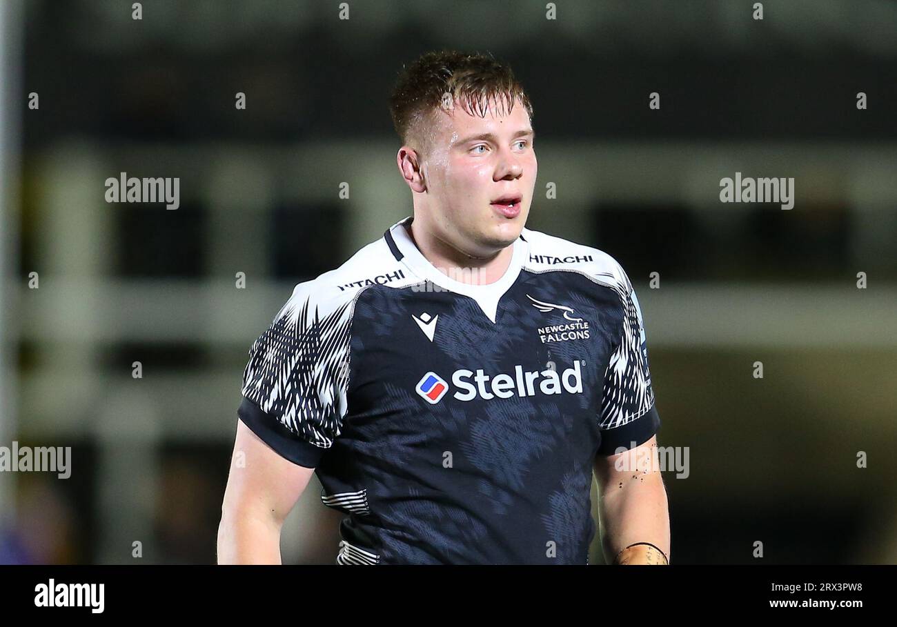 Freddie Lockwood dei Newcastle Falcons durante il match di Premiership Cup tra Newcastle Falcons e sale Sharks al Kingston Park, Newcastle, venerdì 22 settembre 2023. (Foto: Michael driver | mi News) crediti: MI News & Sport /Alamy Live News Foto Stock