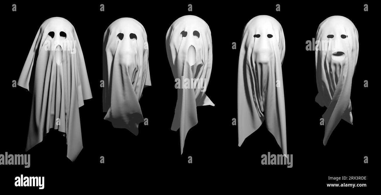 Set di spaventosi fantasmi di Halloween in bianco e nero. Illustrazione del rendering 3D. Foto Stock