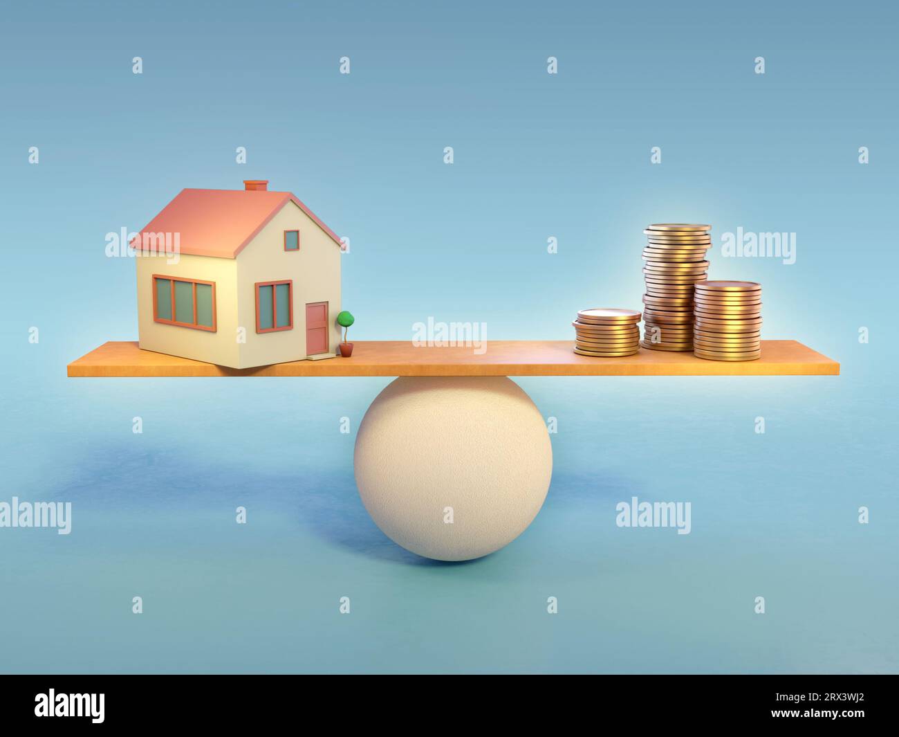 Casa e qualche mucchio di monete su scala di bilancia, che rappresentano le spese relative alla casa. Illustrazione digitale, rendering 3D. Foto Stock
