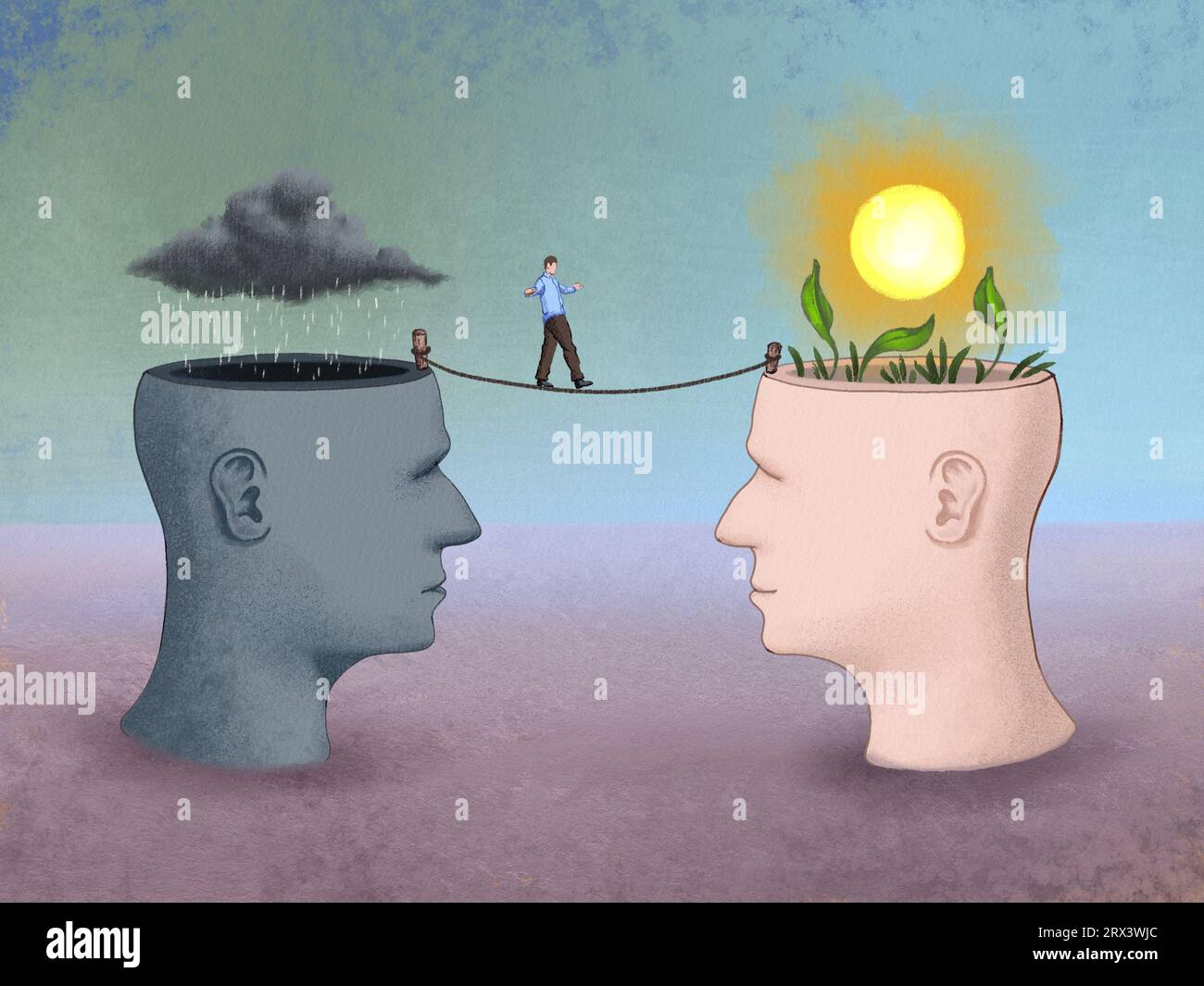 Passare da uno stato mentale negativo a uno stato mentale positivo. Illustrazione digitale. Foto Stock