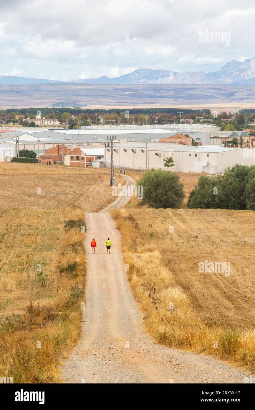 I pellegrini si avvicinano alla città spagnola di Santo Domingo de la Calzada mentre camminano lungo il cammino di Santiago, il cammino di San Giacomo, Spagna Foto Stock