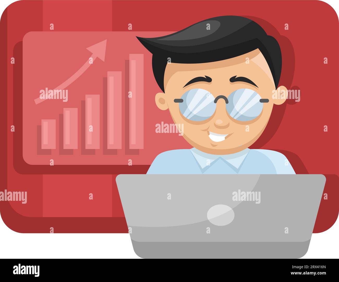 Uomo con gli occhiali che lavora su un notebook, illustrazione, vettore su sfondo bianco. Illustrazione Vettoriale