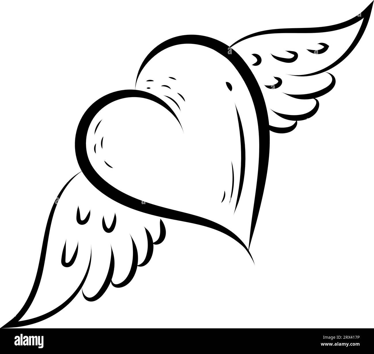 Tatuaggio a cuore con ali, illustrazione, vettoriale su sfondo bianco. Illustrazione Vettoriale
