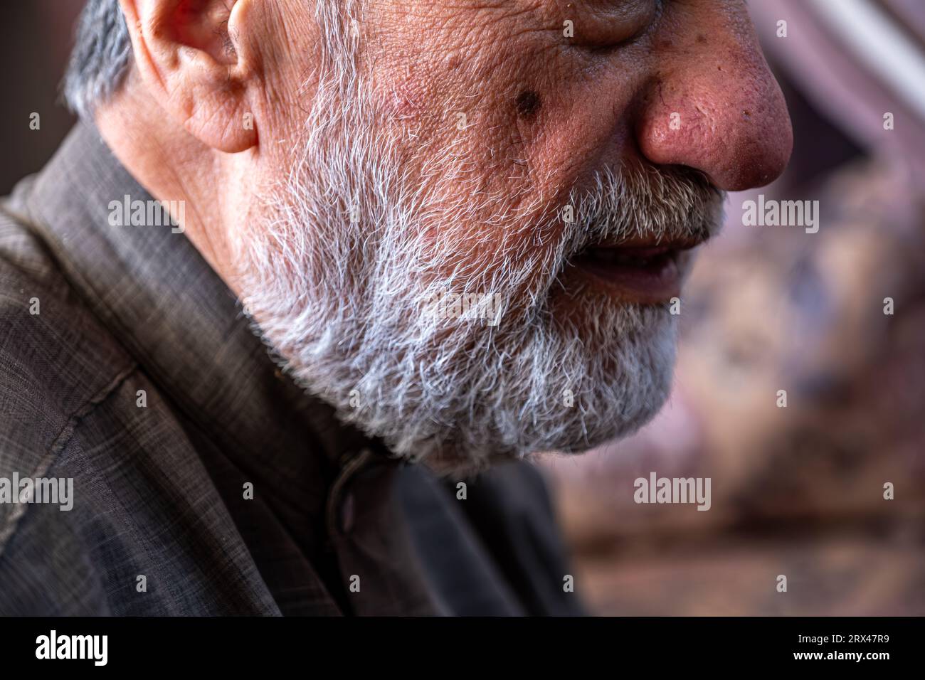 il vecchio viso sorridente con la faccia barba di colore grigio Foto Stock
