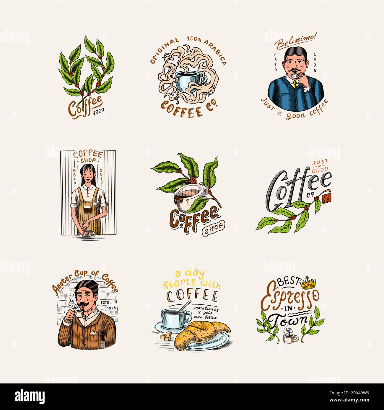 Set di caffè in stile vintage. Donna e uomo con una tazza di bevanda. Badge o logo vintage per t-shirt, tipografia, negozio o cartelloni. Fagioli e. Illustrazione Vettoriale
