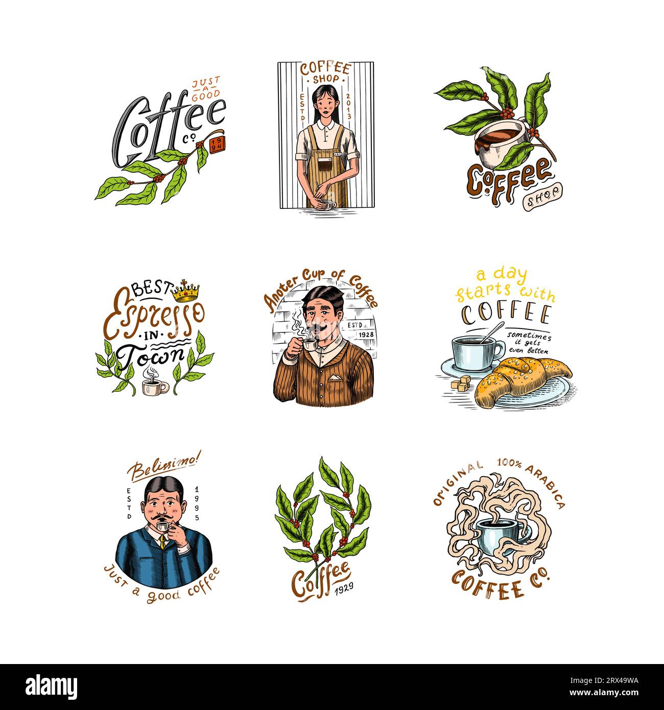 Set di caffè in stile vintage. Donna e uomo con una tazza di bevanda. Badge o logo vintage per t-shirt, tipografia, negozio o cartelloni. Fagioli e. Illustrazione Vettoriale