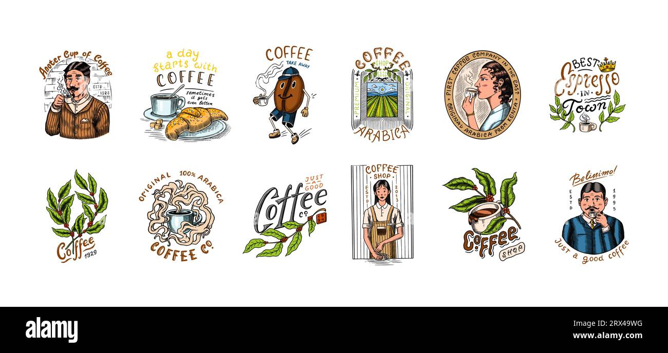 Set di caffè in stile vintage. Donna e uomo con una tazza di bevanda. Badge o logo vintage per t-shirt, tipografia, negozio o cartelloni. Fagioli e. Illustrazione Vettoriale