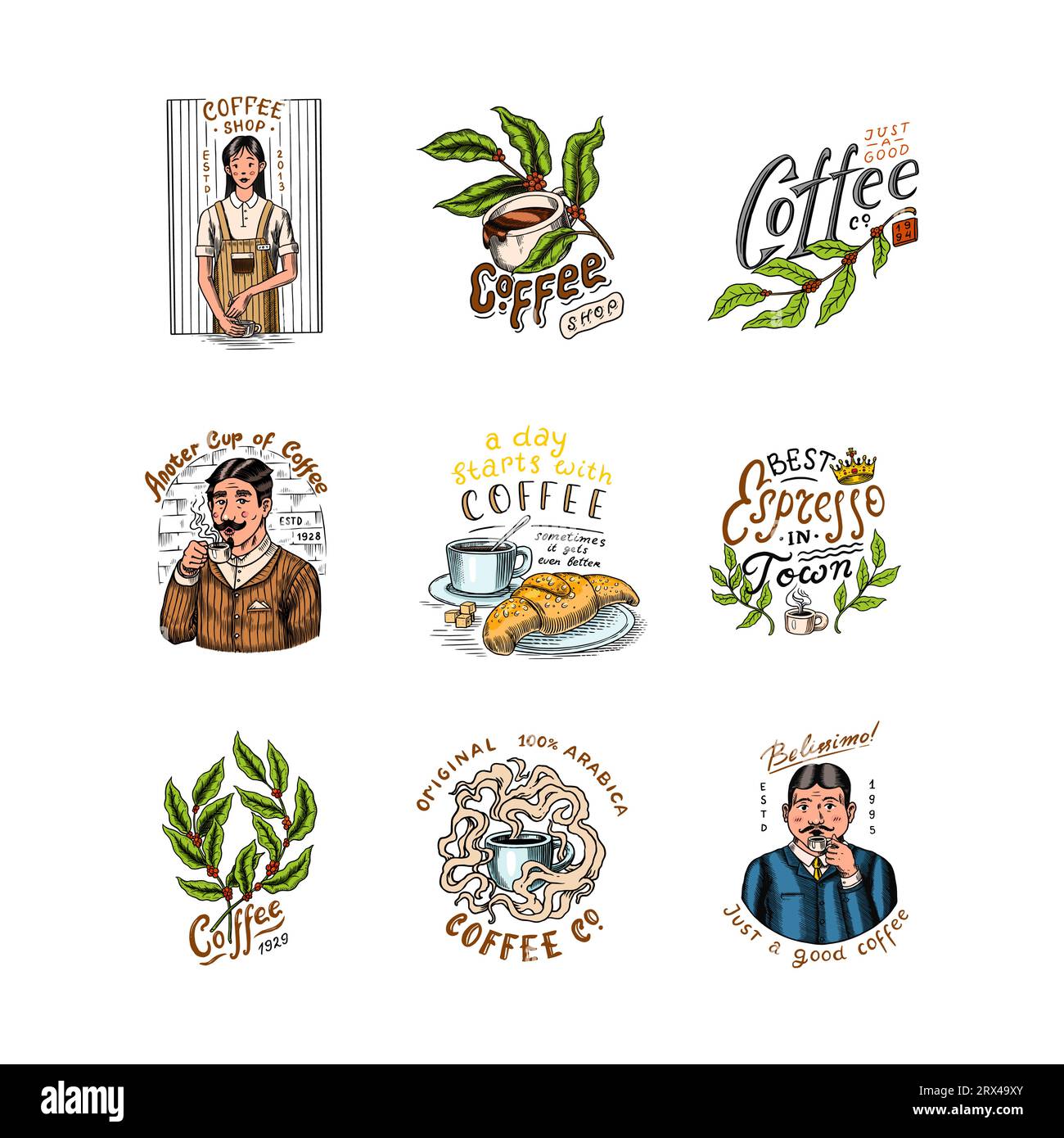 Set di caffè in stile vintage. Donna e uomo con una tazza di bevanda. Badge o logo vintage per t-shirt, tipografia, negozio o cartelloni. Fagioli e. Illustrazione Vettoriale