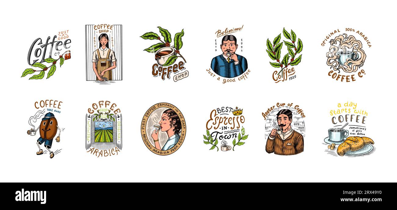 Set di caffè in stile vintage. Donna e uomo con una tazza di bevanda. Badge o logo vintage per t-shirt, tipografia, negozio o cartelloni. Fagioli e. Illustrazione Vettoriale