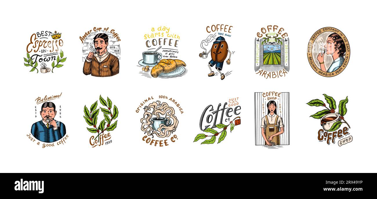Set di caffè in stile vintage. Donna e uomo con una tazza di bevanda. Badge o logo vintage per t-shirt, tipografia, negozio o cartelloni. Fagioli e. Illustrazione Vettoriale