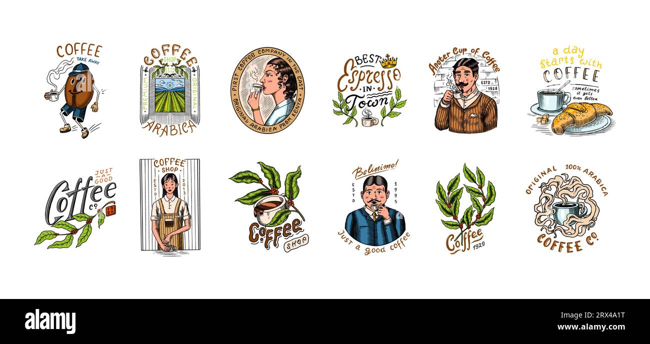 Set di caffè in stile vintage. Donna e uomo con una tazza di bevanda. Badge o logo vintage per t-shirt, tipografia, negozio o cartelloni. Fagioli e. Illustrazione Vettoriale