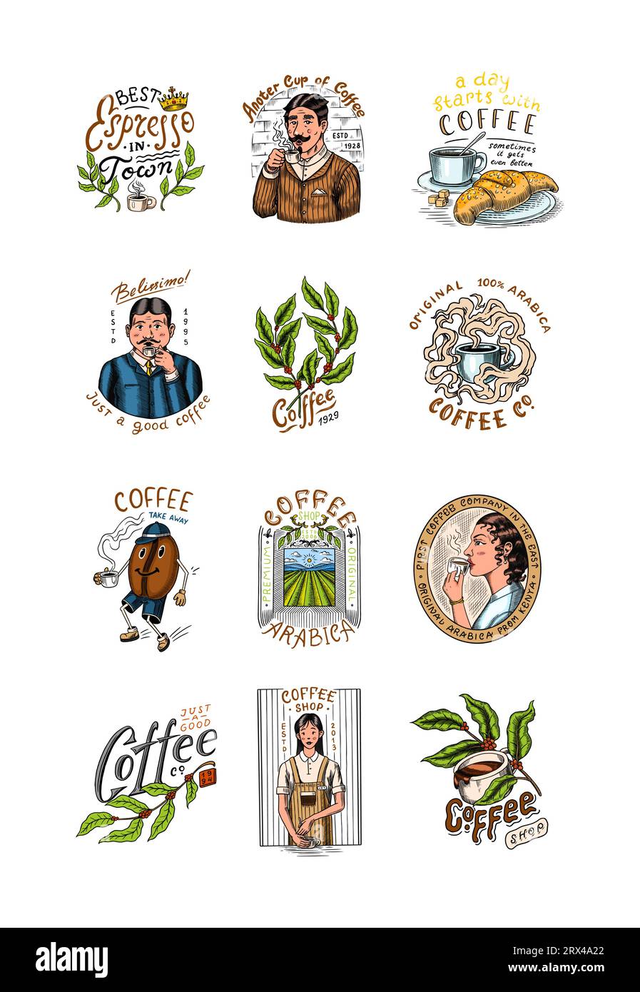Set di caffè in stile vintage. Donna e uomo con una tazza di bevanda. Badge o logo vintage per t-shirt, tipografia, negozio o cartelloni. Fagioli e. Illustrazione Vettoriale