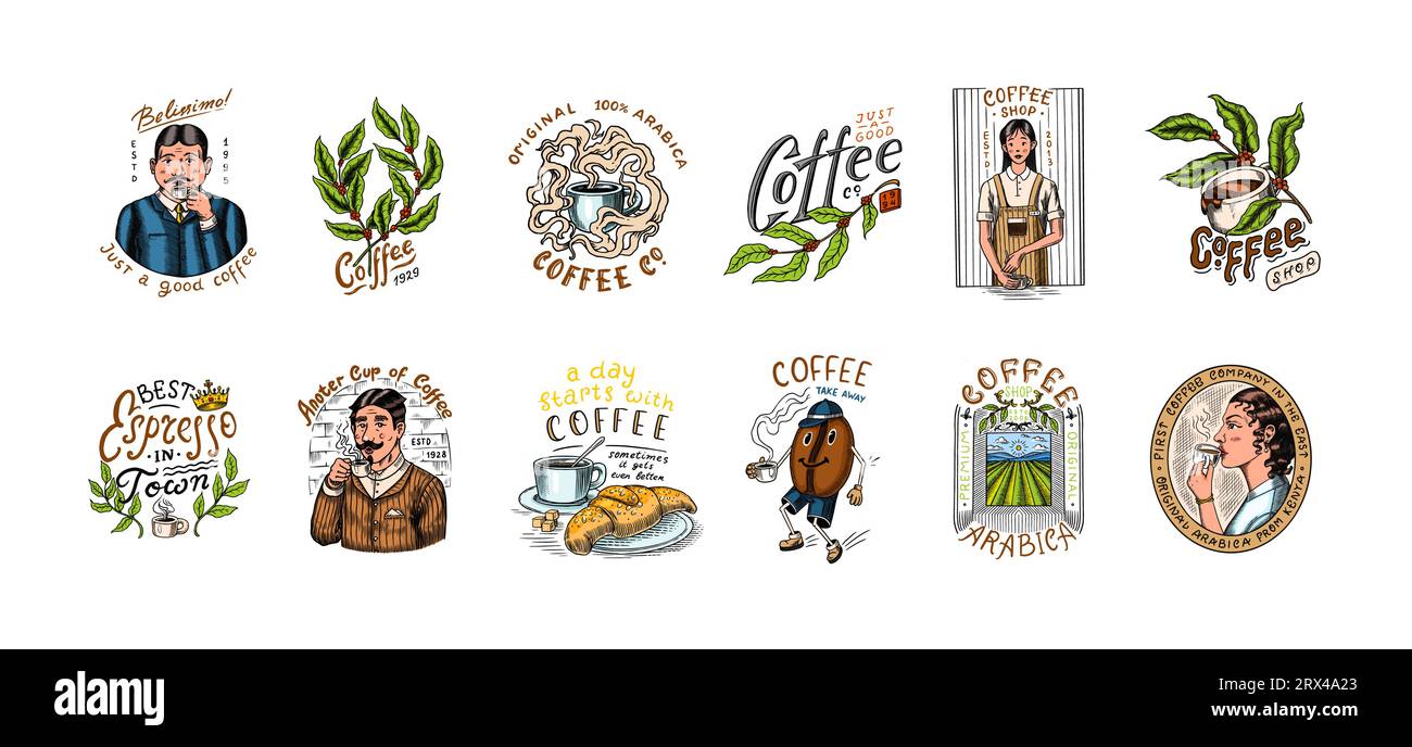 Set di caffè in stile vintage. Donna e uomo con una tazza di bevanda. Badge o logo vintage per t-shirt, tipografia, negozio o cartelloni. Fagioli e. Illustrazione Vettoriale