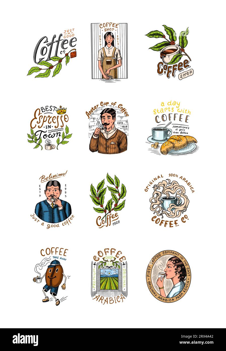 Set di caffè in stile vintage. Donna e uomo con una tazza di bevanda. Badge o logo vintage per t-shirt, tipografia, negozio o cartelloni. Fagioli e. Illustrazione Vettoriale