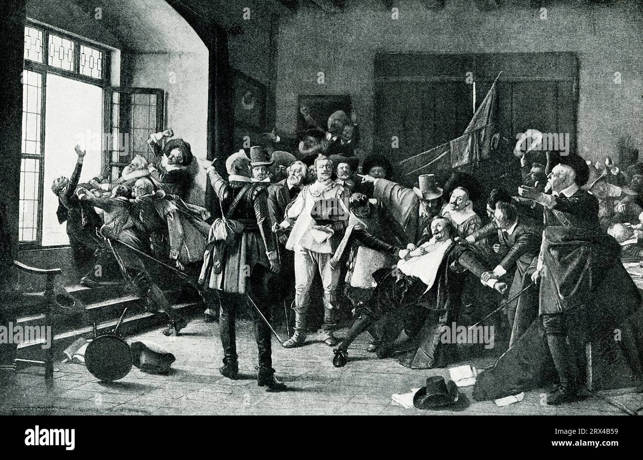 Inizio della guerra dei trent'anni (1618-1648). Un vecchio metodo boemo con il quale il popolo più di una volta si vendicava dei ministri impopolari era gettare le vittime da una finestra alta. La più famosa di tutte queste Defenestrazioni fu quella mostrata qui, che diede inizio alla terribile Guerra dei Trent'anni. Gli odiati consiglieri, Slavata e Martinitz (anche scritto Martinico), furono scagliati dalla finestra della sala del consiglio e caddero ottanta metri fino al fosso del palazzo. Per fortuna sono atterrati su un mucchio di spazzatura e quindi sono sfuggiti alla morte. La guerra dei trent'anni iniziò come una guerra religiosa, combattuta tra cattolici romani e Foto Stock