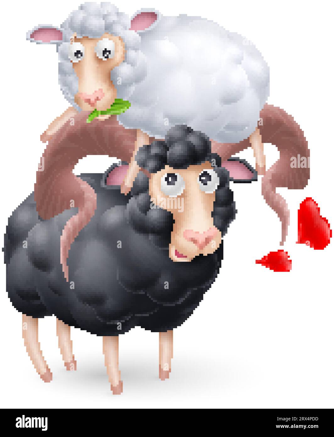 Simpatici e divertenti due personaggi delle pecore nere e bianche in Love. Illustrazione dei cartoni animati di coppie di pecore amanti con cuori rossi su sfondo bianco. T perfetto Illustrazione Vettoriale
