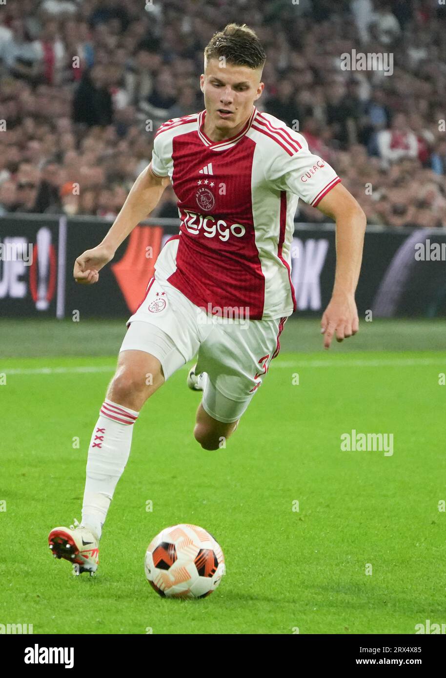 Amsterdam, Paesi Bassi. 21 settembre 2023. Anton Gaaei dell'Ajax Amsterdam durante la partita di UEFA League Europa tra l'Ajax Amsterdam e l'Olympique Marsiglia il 21 settembre 2023 allo stadio Amsterdam Arena di Amsterdam, Paesi Bassi. Foto di Laurent Lairys/ABACAPRESS.COM Credit: Abaca Press/Alamy Live News Foto Stock