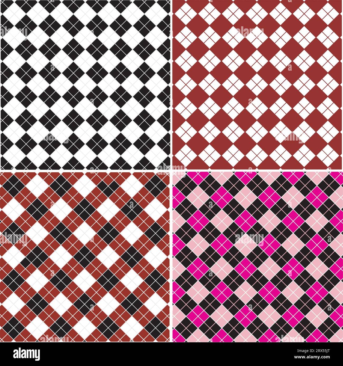 Un set di forme di diamanti con motivo Argyle, Harlequin o motivo a diamante in bianco e nero, rosso e bianco, rosa nero Illustrazione Vettoriale