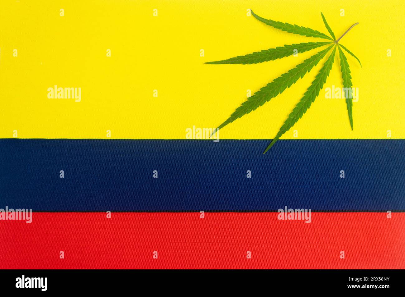 una foglia di canapa sullo sfondo della bandiera colombiana. Concetto di legalizzazione e cambiamenti nella legislazione relativa alla coltivazione e all'uso della marijuana nella Foto Stock